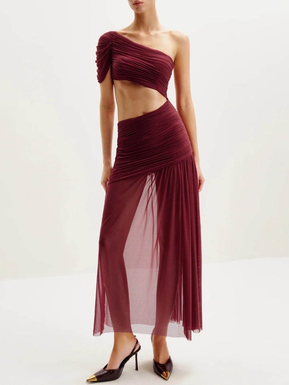 JW PEI 'MIA' Pleated Mesh Burgundy Dress